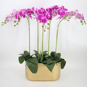 Artificial Phalaenopsis Orchid Plant In Gold Hammered <b>Square</b> Pot For Home Decor Wedding Display - Product Image 1