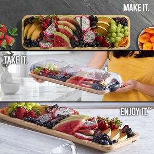 Plateau à fromage rectangulaire en bambou avec un couvercle transparent à fermeture, un plateau de service en bois pour fruits et pâtisseries, et une assiette à pain - Product Image 2