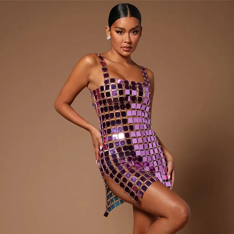 2023 Gold Bead Piece Evening Dresses Sexy Wear See Through Net Night Club Shinny Dress Casual Birthday Party Lady Dress