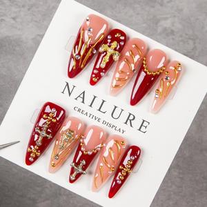 Faux ongles à presser faits main, style français, forme stiletto, 10 pièces, pour doigts - Product Image 5