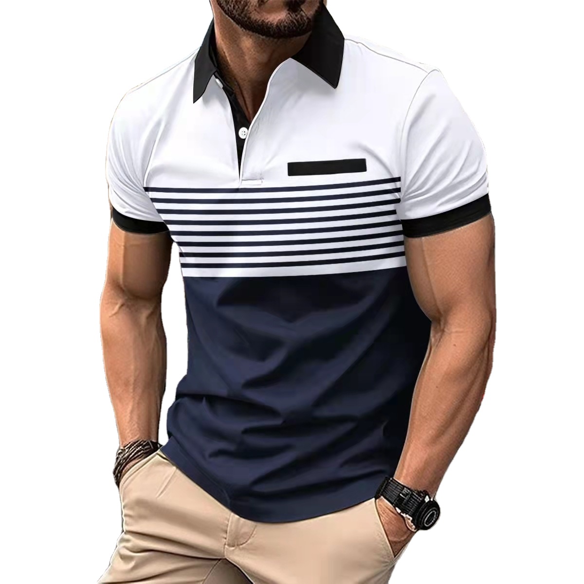 Fashionable Stripe v Neck Button Collar Polo Shirt for Men New