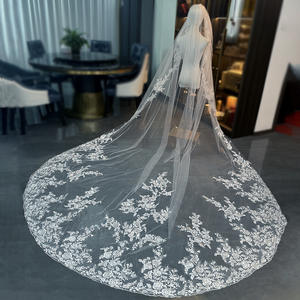 Voile de mariée ROMANTIC à une seule couche, longue et à grande traîne, en dentelle florale, super brillante - Product Image 3