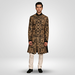 NEW--STYLISH DESIGN of ZARI & RESHAM EMBROIDERY WORK on BLACK SHERWANI WITH WHITE <b>PANT</b> Men's Suits & Blazer>Men's Suits - Product Image 3