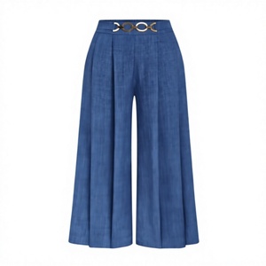 Pantalon élégant taille haute à jambes larges, bleu uni, plissé devant, ceinturé, coupe ample, longueur totale, tissé, style automne - Product Image 4