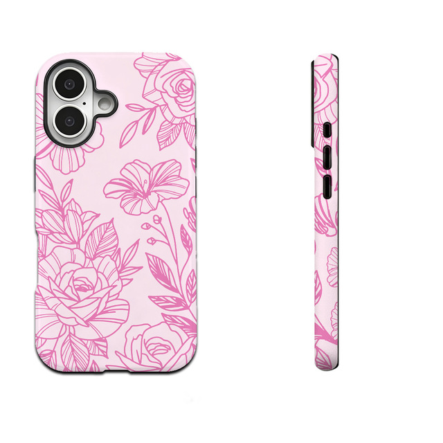 Simple Pink Line Floral Phone Case for iPhone 16 17 Pro Max Samsung Galaxy S25 Magnetic Film 2-in-1Protective Cover