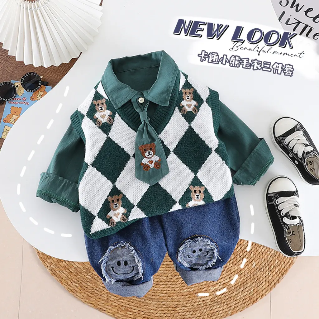 Spring and autumn boys' sweater vest shirt suit long-sleeved jeans three-piece set children's clothing tie style
