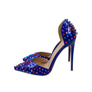 Scarpe da festa da donna in <span class=keywords><strong>pelle</strong></span> verniciata colorata con borchie, <span class=keywords><strong>sandali</strong></span> <span class=keywords><strong>blu</strong></span> con tacco alto. - Product Image 4