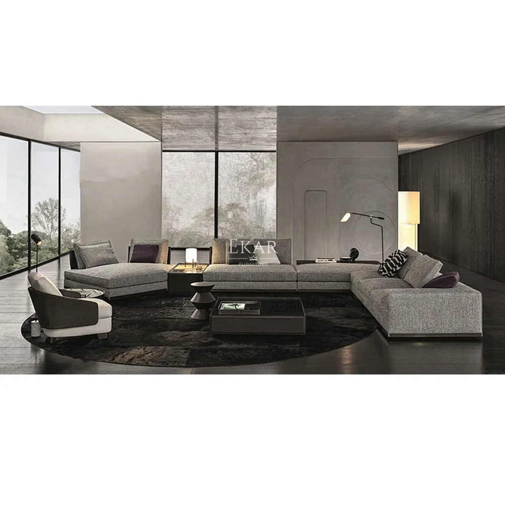 Sofá moderno italiano de tela grande, cómodo, con patas de Metal y forma de L
