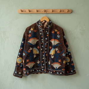 Chaqueta Suzani de Terciopelo Marrón Chocolate para Mujer, al por Mayor, Hecha a Mano, con Bordado Floral, Chaqueta Corta Forrada para Invierno - Product Image 1
