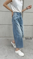 Pantalon en jean court taille haute élastique pour femme grande taille, coupe droite, jambe large, écologique et inaltérable – Vente en gros