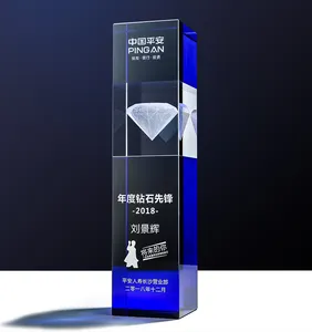 New Design Acrylic Awards Blue Laser Diamond Trophy Crystal Antique Gold Metal Crystal Award Trophy Glass Trophy Crystal