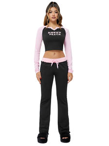 Camicia corta a maniche lunghe Raglan bicolore da <span class=keywords><strong>donna</strong></span> vestito bicolore bicolore e pantaloni a zampata a vita bassa-XXL abbigliamento sportivo per il <span class=keywords><strong>Fitness</strong></span> - Product Image 5