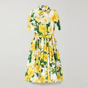 Dress Manufacturer Custom Spring Summer Polo Collar Short Sleeve Drawstring Print Cotton Shirt Midi Dress Women