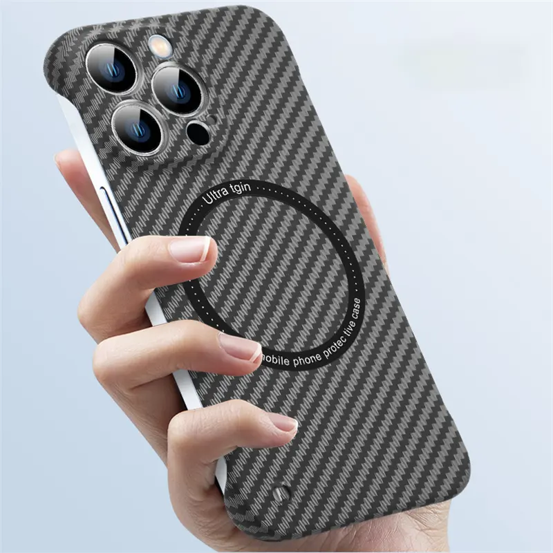 Laudtec Carbon Fiber Texture Frameless Magnetic Wireless Charging Case for iPhone 14 13 12 11 Pro Plus Max Shockproof PC Cover