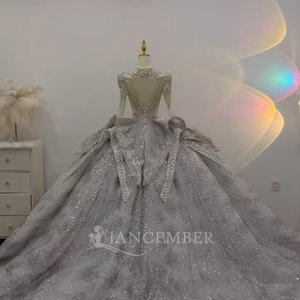 Robe de mariée de bal JJ121, magnifique, bleu, col en V, broderie florale en cristal, manches longues - Product Image 5