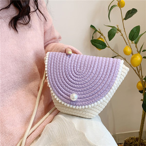 Sac seau pour femme en coton et lin, color-block, orné de perles, sac de paille d'été pour tenues quotidiennes, type couvre-épaule - Product Image 2