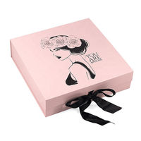 Boîte cadeau magnétique pliable rose, motif artistique de dame avec fleurs, ruban en satin noir, emballage rigide