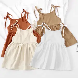 Children's Clothing Little Girls Solid Color Cotton Linen Pocket Sling Dress Lace Up Summer Dresses For 3 Years