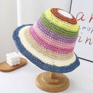 Rainbow Straw Hat <b>Sunscreen</b> Shading Fisherman Straw Braided Striped High Quality Crochet Bucket Straw Hat - Product Image 5