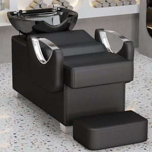 Salón de belleza Barbero Champú Unidad de retrolavado Fregadero Estación Fregadero inclinable de cerámica blanca y negra con asiento Cama <span class=keywords><strong>para</strong></span> lavar el cabello - Product Image 1