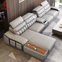Canapé d'angle modulable en cuir véritable et bois, design nordique de luxe léger, pour salon