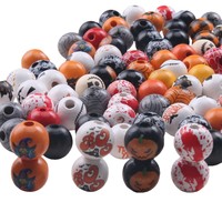 Perles rondes en bois colorées d'Halloween de 16 mm, motif araignée, léopard, visage de fantôme
