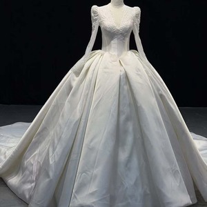 Hz005 Elegant Ivory Plunge Illusion Floral Lace Long Sleeve Puff Shoulder Satin Ball Gown <b>Wedding</b> Dress Jancember - Product Image 5