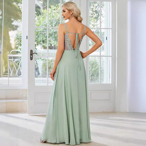 Elegante Abito da Sposa con Scollo a V e Schiena Scoperta, Nuovo Modello in Chiffon Plissettato <span class=keywords><strong>Verde</strong></span> Menta per <span class=keywords><strong>Damigelle</strong></span> - Product Image 2