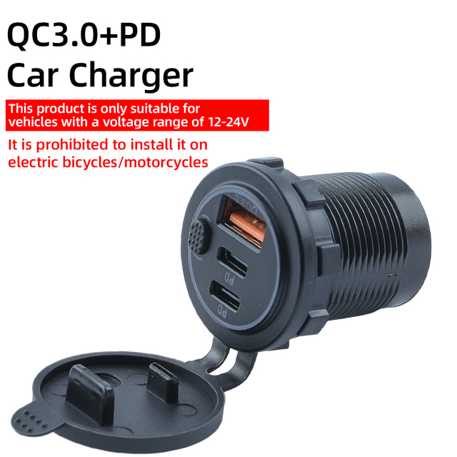 Universal Aperture Car Charger 3 USB Port Socket QC 3.0 Type C PD 54W 18W 36W Fast Charging Marine Bus Modified with Button