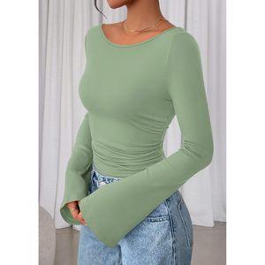FOXA Women's Long Sleeve Crop Top Boat Neck <b>Bell</b> Sleeve Ribbed Ruched Casual Y2K Style Knit Pullover - Product Image 3
