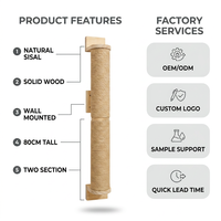 Griffoir mural moderne/classique en bois massif et sisal naturel pour chats d'intérieur, protection des meubles, 80 cm, carton