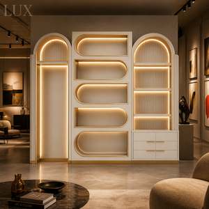 Modern Cream Arched Retail Showcase Back <b>Wall</b> Display Cabinet LED Lit Fluted Shelving <b>Unit</b> for Salon Boutique Cosmetic Store - Product Image 5