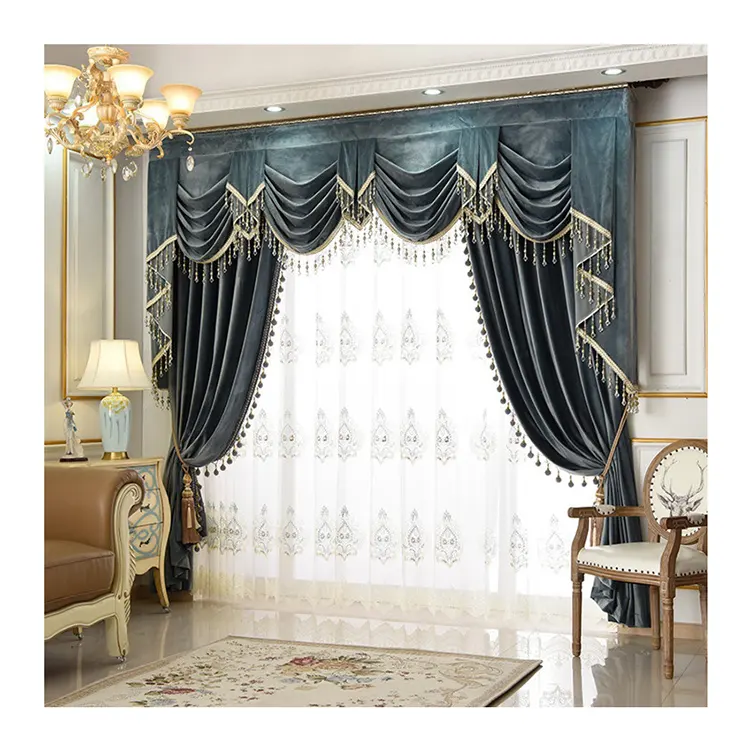 Cortinas lisas confeccionadas tela sala de estar lujo elegante terciopelo cortinas opacas con cenefa