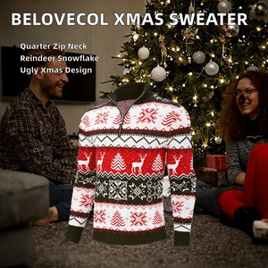 Belovecol Suéteres Navideños Feos para Hombre, de Punto, con Cierre de Cremallera, Diseño de Reno y Copo de Nieve, Rojo y Negro, Cuello Alto Simulado, Manga Larga - Product Image 2