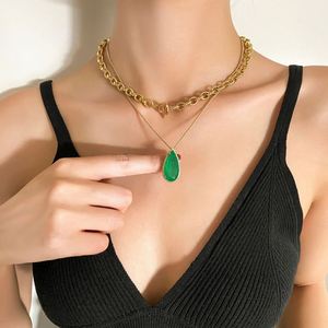 Fashion Eco-friendly Copper Teardrop Green Zircon Layered Pendant Necklace Set 18K Jewelry Gold Plated Sets for Everyday Wear - Product Image 6