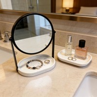 Miroir de maquillage rotatif à 360 degrés en métal noir, miroir de table rond avec plateau de rangement en résine imitation marbre, vente en gros