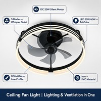 Ventilateur de plafond moderne avec anneau LED 30W 60W, moteur DC silencieux, 5 pales, profil bas, montage encastré, pour salon