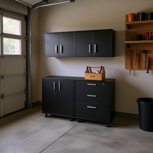 Ensemble de rangement d'outils de garage Haley Black 4 pièces, armoire en acier avec roulettes et tiroirs pour l'organisation de l'atelier - Product Image 2