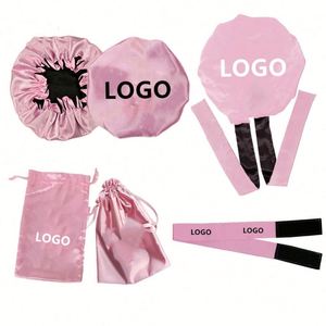 Ensemble promotionnel : Bonnets en satin extra larges et longs pour tresses, foulards à cheveux, sacs en satin, avec logo personnalisé - Product Image 1