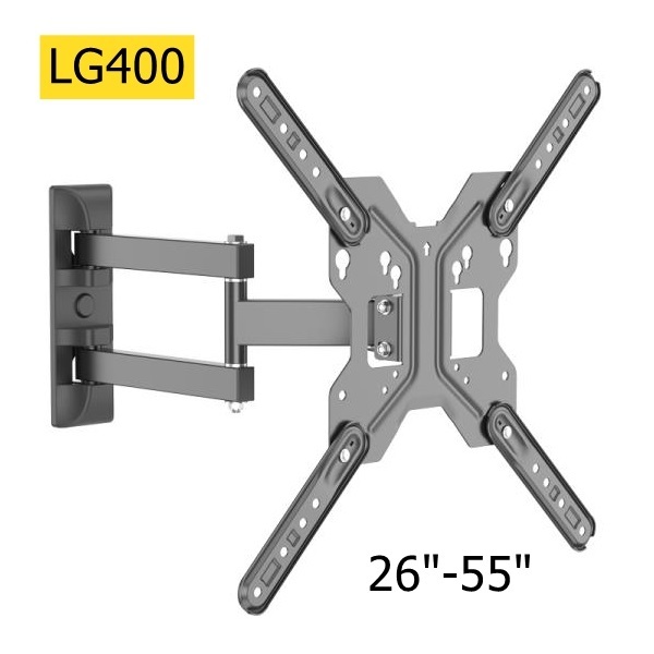 Full Motion TV Wall Mount 26-55 Inch 30kg VESA 400x400mm ±90° Swivel ±15° Tilt 65-390mm Cold Rolled Steel Adjustable Swing Arm