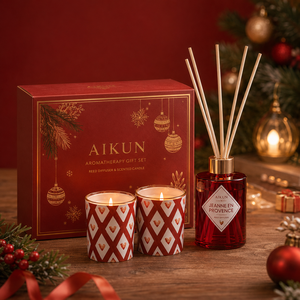 Aikun Red Glass Geometric Pattern Gold Capped Boxed 2 Jar Scented <b>Candle</b> And Reed Diffuser <b>Gift</b> <b>Set</b> for Christmas Gifting - Product Image 1