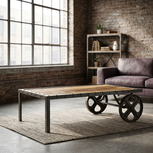 Mesa de Centro de Estilo Industrial y Vintage, Ajustable, de Hierro/Madera, con Ruedas, para Sala de Estar, Casa, Villa o Vestíbulo - Product Image 2
