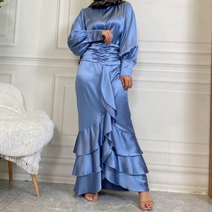 2237#+2238# Latest Fashion Set Thick Satin Back Side Lace up Top and Pretty Pleated Back Zipper Skirt Muslim Islamic Abaya Suit - Product Image 3
