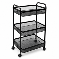 Chariot utilitaire à 3 niveaux avec poignée et roulettes, chariot de rangement multifonctionnel en métal grillagé avec boîtes latérales