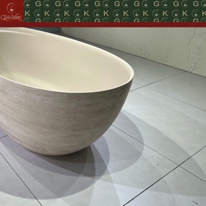 Bañera Ovalada Independiente GOLDKING Minimalista para Apartamento Urbano, en Travertino Beige, con Franjas Horizontales, Borde Liso OEM, Personalizable - Product Image 6
