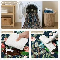 Tapis Bohème Floral Anti-Taches Bleu Grand Format Lavable Antidérapant pour Chambre, Salle à Manger, Bureau, Décoration Intérieure