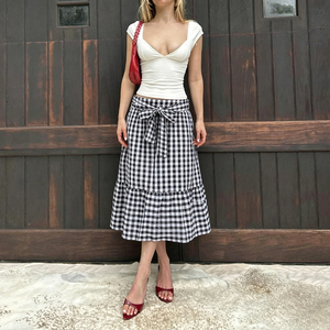 Summer Casual Vacation Style Black White Checkered Bow <b>Tie</b> Skirt A Line Long Skirt holiday beach skirt - Product Image 5