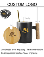 Tasses à café en céramique de porcelaine nordique avec logo personnalisé, poignée en bois, couvercle en bambou et cuillère