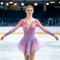 Robe de patinage artistique à manches longues dégradé rose-violet avec dos transparent orné de strass pour la compétition et les spectacles des adultes et des enfants