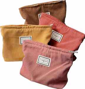 Pochette de rangement en velours côtelé couleur crème avec fermeture éclair et poignée souple, kit organisateur pour rouge à lèvres et pinceaux à sourcils - Product Image 1